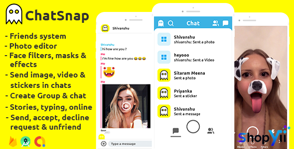 ChatSnap v2.1 - Snapchat clone social network friend face filters chat editor + android studio + firebase