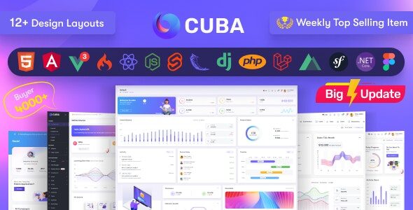 Cuba 11.1 – HTML, React, Angular 16, Vue 3 JS, Nuxt, Nodejs, Asp.Net & Laravel Admin Dashboard Template
