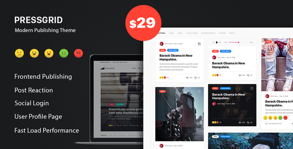 PressGrid v1.3.1 - Frontend Publish Reaction & Multimedia Theme
