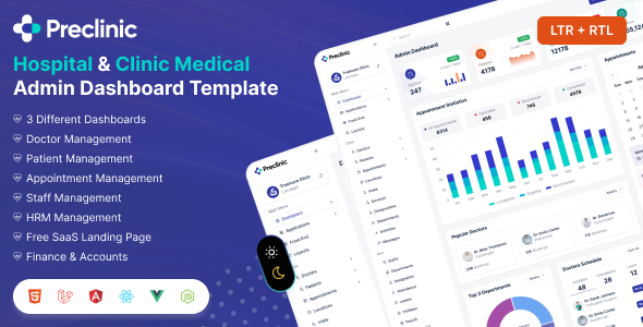 Preclinic v1.6.6 - HTML, Vue, React, Angular, Laravel Hospital and Clinic Medical Admin Dashboard Template