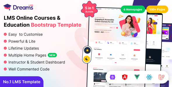 Dreams LMS v1.1.4 - Online Learning & Course Management Template (HTML, React, Vue, Angular, Laravel)